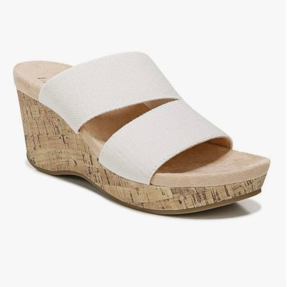 Life Stride Divine Neutral Double Strap Wedge Cork Heel Sandals Size 6